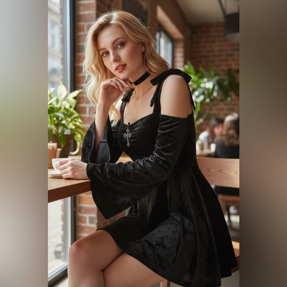 NWT Dolls Kill Widow Nocturnal Elegance Mini Dress in Black Velvet Silver Cross - Picture 4 of 16